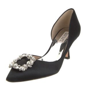 Badgley Mischka Black Satin Heels with Crystal Buckle